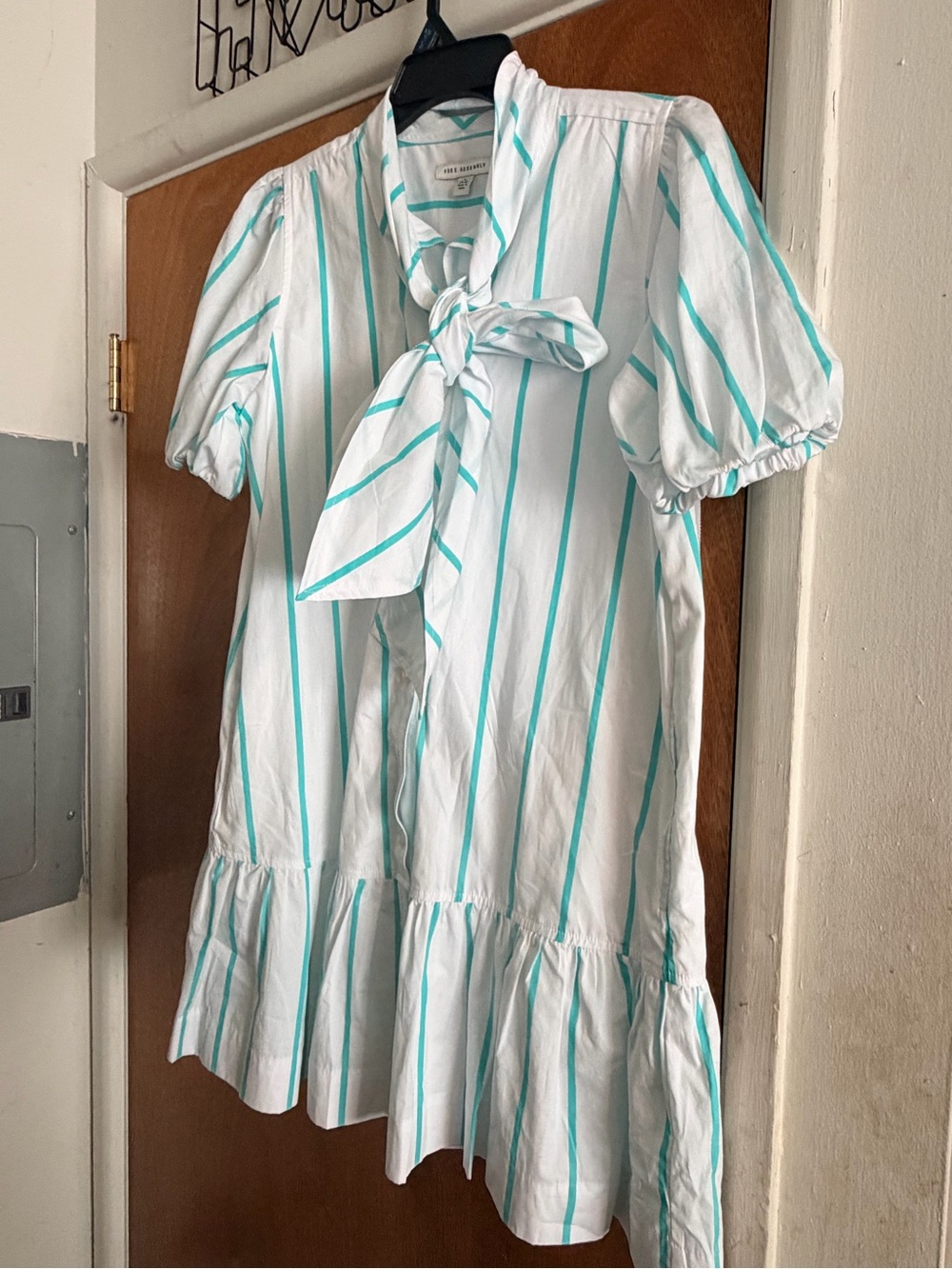 Lightweight White Mini Dress with Teal Stripes and Bow Tie